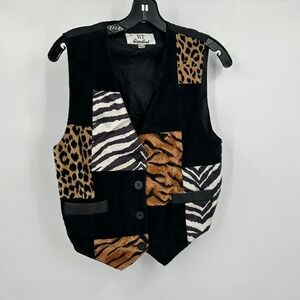 Womens Boho Patchwork Leather Vest Size M Mixed Animal Print Artsy Statement